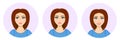 Avatar of a young girl. Woman looking sideways, smiling. Look away. Round icon. Cute face. Short haircut. Caucasian woman. Blue t-